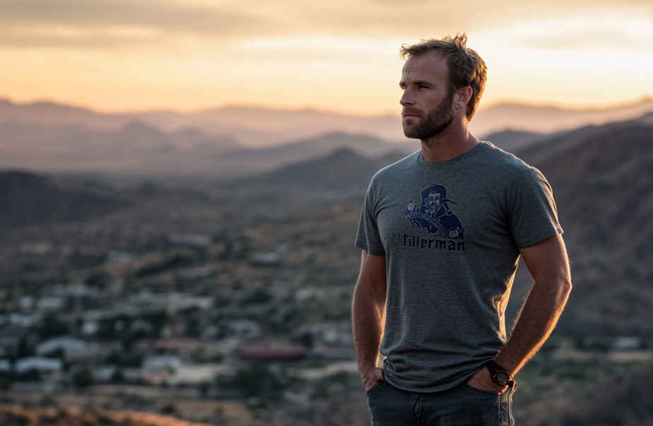 Man wearing a gray t-shirt with The Tillerman graphic.