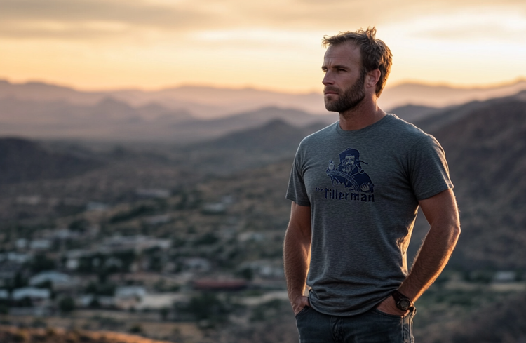 Man wearing a gray t-shirt with The Tillerman graphic.